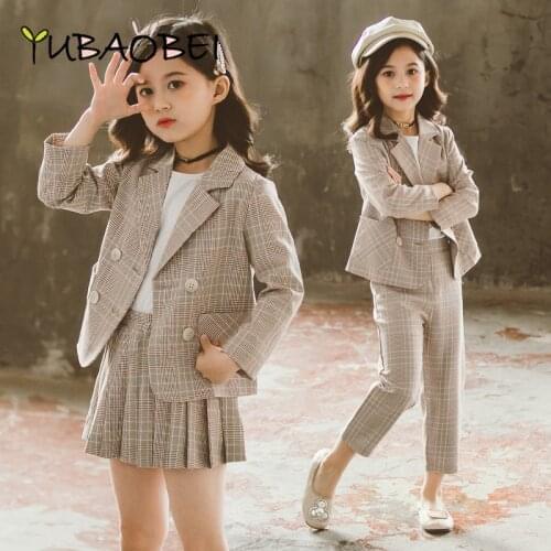 Spring Autumn Girls Clothing Sets Fashion Plaid 2 Pieces Sets Caot+pants+Skirts Suit School Kids Tracksuit For Girls Clothes