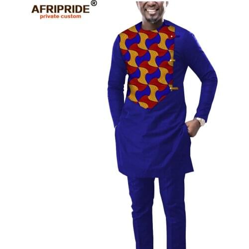 2019 Men`s 2 Piece Set African Dashiki Print Coats Jacket and Ankara Pants Traditional Wear Pockets Tracksuit AFRIPRIDE A1916039