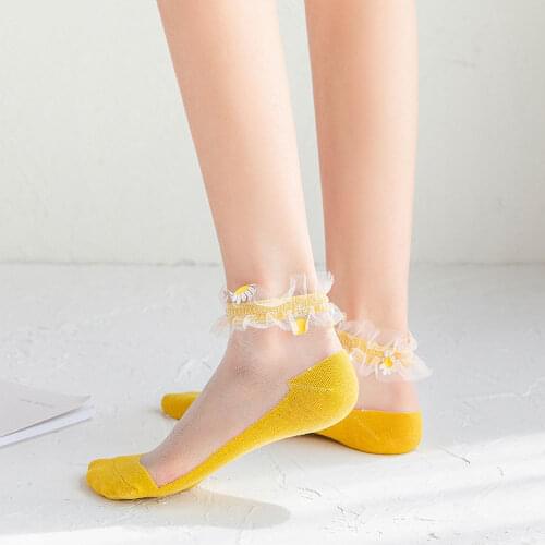 Kawaii Daisy Socks Lace Designer Harajuku Cute Lolita Calcetines Womens Funny Socks Nylon Ankle Skarpetki Ruffle Sockken