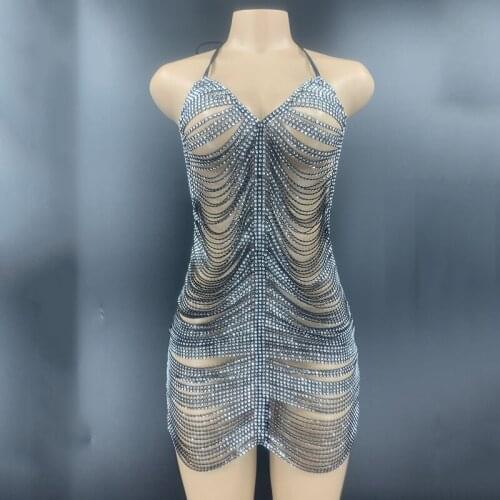 Sexy Rhinestone Dress Women Prom Birthday Celebrate Dresses Backless Crystal Fringes Dress Nightclub DJ Bar Costumes DQS5257