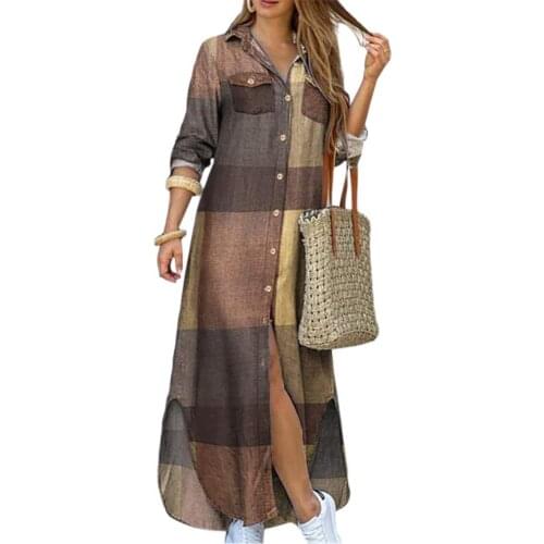 Dress women Fashion Long Sleeve Printed Pockets Buttons Party Beach Maxi Shirt Dress long sleeve dress maxi dresses for women