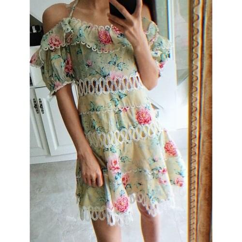 Court Style Bubble Sleeve One Neck Ruffle Off Shoulder Strap Waist Down Slim Decor Holiday Dress Short