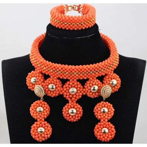 Luxury Coral Beads Jewelry Sets Exclusive African Nigerian Wedding Bridal Jewelry New Women Bridal Statement Necklace Set ABH285