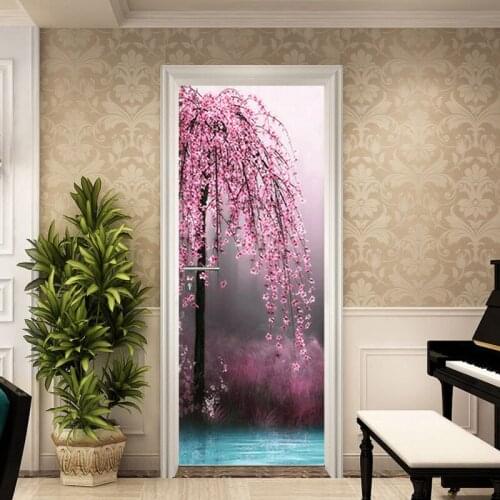 3D Pink Flowers Beautiful Scenery Door Sticker Self-Adhesive Waterproof Wallpaper PVC Poster DIY Mural Decals Home Decor