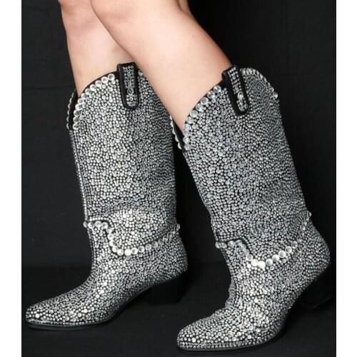 Bling Women Full Rhinestone Drilled Boots Woman Pointed toe Chunky Heels Mid Calf Boots Slip on Jeweled Crystal Bottes Shoes