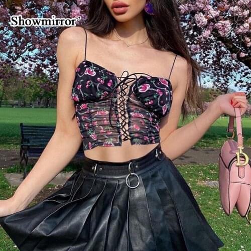 Showmirror Mesh Cami Tops Women Cross Lace Up Corset Top Cherry Print Kawaii Clothes Sleeveless See Through Sexy Tanks