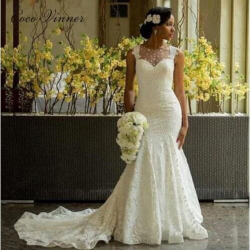 Marriage Mermaid Wedding Dresses Sheer neck Illusion Back Vintage Lace Wedding Dress Plus size White Court Train W0406