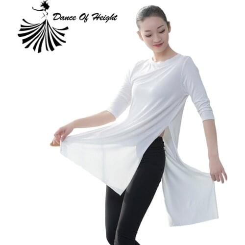 Ladies 3/4 Sleeve Modern Dance Blouse Round Neck Yoga Practice Dress Long Classical Dance Clothes Split Two Side Plus Size 3XL