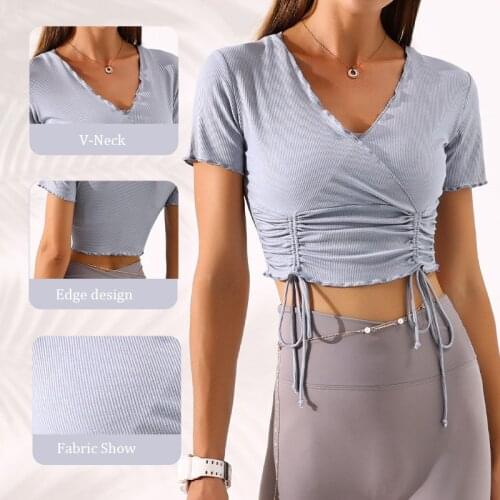 Yoga Shirts Womem V-Neck Crop Tops Drawstring Ribbed Sports Short Sleeve T-Shirts Sportswear Quick-Dry Solid Tops Gym Clothing