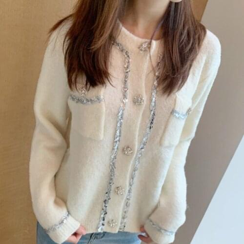 Women Cropped Cardigan White Sweater Coat 2020 New Fashion Cardigan Crop Top Round Neck Single Breasted Sequins Edged Cardigan