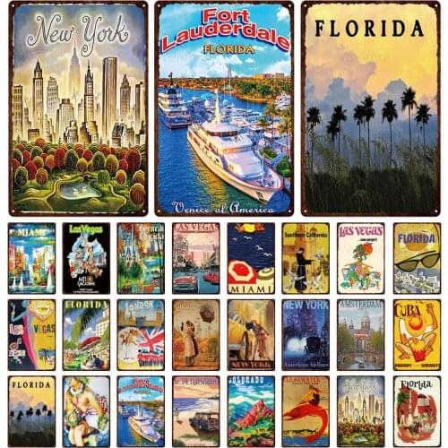 Hot Sale Famous City Florida Miami Rome Paris London Tin Sign Classic Architecture Retro Decorative Metal Plaque Iron Painting
