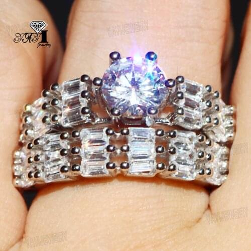 2 pcs YaYI Jewelry Fashion Princess Claw Cut White Cubic Zirconia Silver Color Engagement Wedding Party Leaves Gift Rings Set