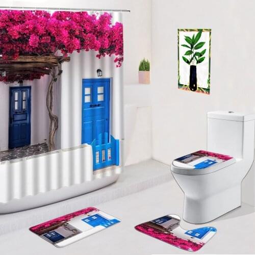 Flower Blue Door Shower Curtain 4Pcs Set Tree Vine European Style Building Anti-Slip Bath Mat Toilet Bathroom Decor Carpet Rugs