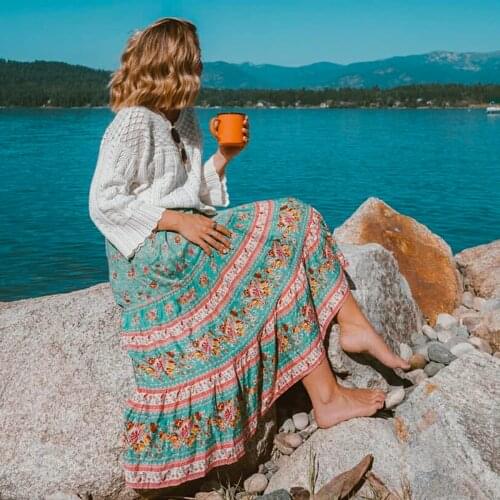 Jastie Retro Chic Hippie Women Skirt Floral Printed High Elastic Waist Beach Bohemian Skirts Midi Ladies A-Line Boho Skirt saia
