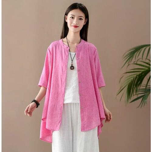 Johnature 2021 Summer New Cotton Linen Solid Color Stand Short Sleeve Single Breasted Irregular Shirt Loose Leisure Women Tops