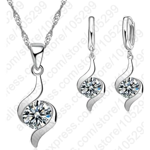 Shinning Fashion Geometric 925 Sterling Silver Crystal Necklaces Earring Jewelry Sets For Engagement Women Wedding Set