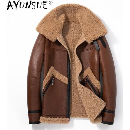 AYUNSUE Genuine Sheep Shearling Jacket Men Clothing Winter Clothes Real Sheepskin Fur Coat Flight Jackets Hommes Veste LXR781