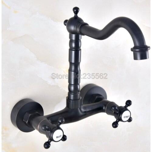 Black Oil Rubbed Brass Kitchen Sink Faucet Wall Mounted Double Handle Bathroom Basin Cold And Hot Mixer Tap Lnf453
