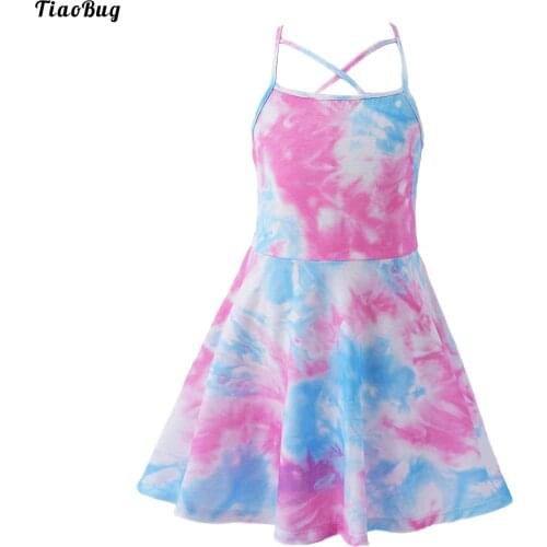 TiaoBug Summer Kids Girls Tie Dye Print Straps Sleeveless A-Line Knee Length Sport Dress For Dance Tennis Gymnastics Casual Wear