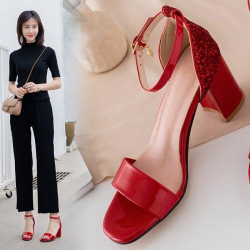 Summer Ladies sandals High-Heeled Ankle strap Sandals sexy lady Party Dress Block Heels Gold silver red sandals