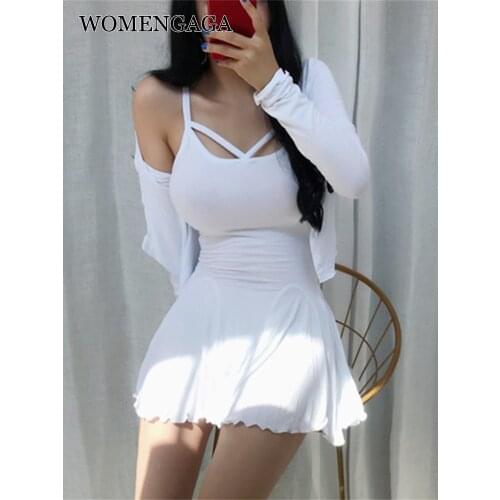 WOMENGAGA Hot Sexy Asia Korea Big Bust V Neck Full Tops T Shrit + Cotton Fold Ruffle Feminine Mini Tank Dress Set Women 5U6E