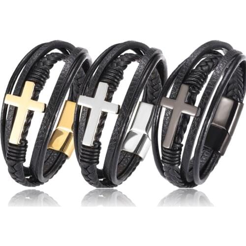 Fashion Multilayer Stainless Steel Charm Men Bracelet Leather Cross Braided Punk Rock Bangles Jewelry Gift Accessories Wholesale
