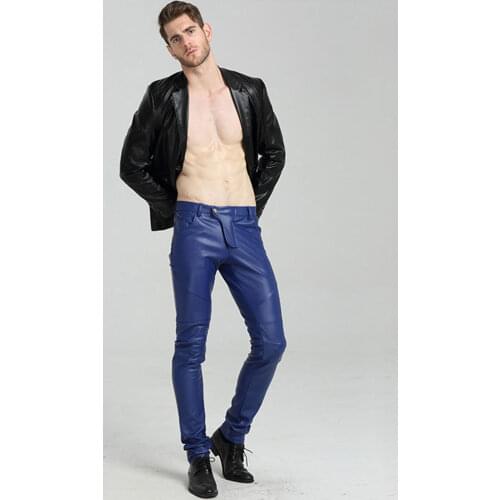 Spring and Autumn Mens Leather Pants Korean Slim Youth Leather Pants Mens Lounge Bar Performance leather motorcycle pants