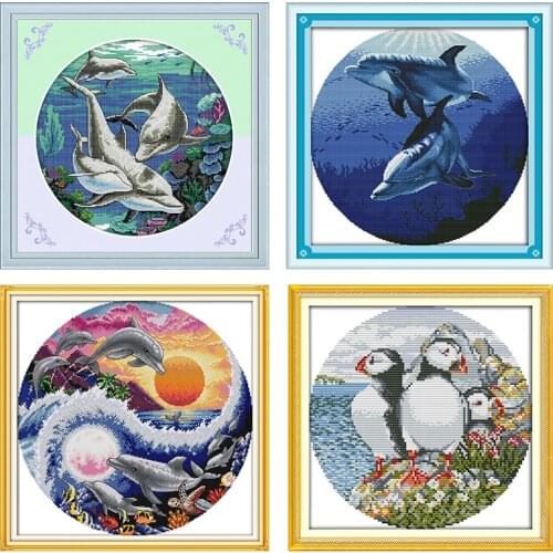 Cross Stitch Kit Stamped Joy Sunday Classical Dolphin Embroidery Needlework Thread 11CT 14CT Printed Handmade Counted Fabric Set