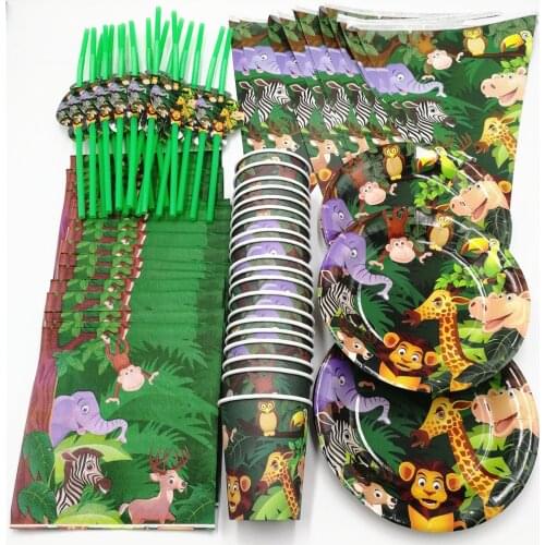 81pcs 20 person Jungle Animals Disposable Tableware Set Kids Birthday Party Decor Banner Straw Napkin Cup Plate Party Supplies