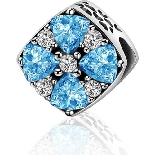 2019 NEW 100% 925 Sterling Silver Blue Shining Four-leaf Clover Gemstone Beaded Charm Suitable DIY Bracelet Women Gift 1401-1420