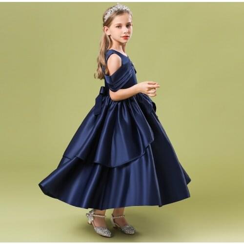 2021 New Girls Long Dress 4-14Years Birthday Evening Dress Princess Shoulder-Off Puffy Long Dress Kids Teens Solid Elegant Dress