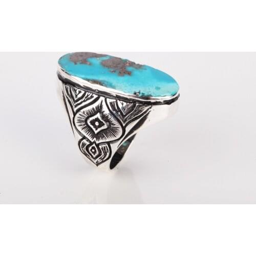UM US JEWELRY Turquoise Natural Stone Hand Embroidered 925 Sterling Silver Men Ring