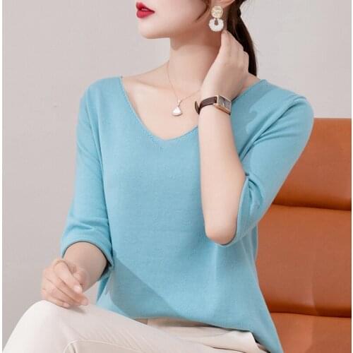 Summer new style 100% pure cotton short-sleeved T-shirt female V-neck five-point sleeve loose pullover fashion bottoming top