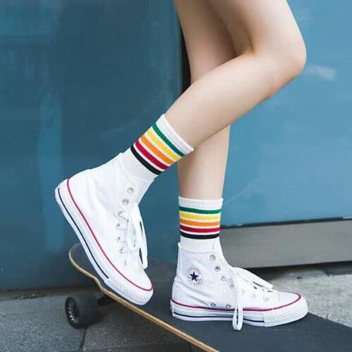 Women Socks Cotton skateboard Cute Womens Long Socks Candy Color Rainbow Striped Socks Sporty Meias Woman Vintage Harajuku Sock