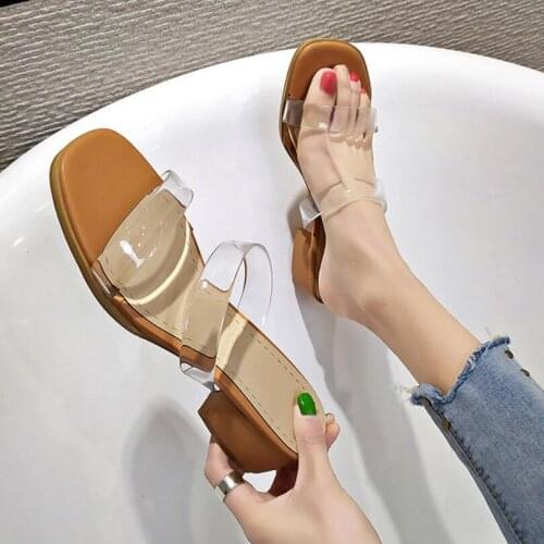 Transparent narrow band slippers women thick med-high heels slides summer shoes woman clear jelly flip flops beach slippers y977