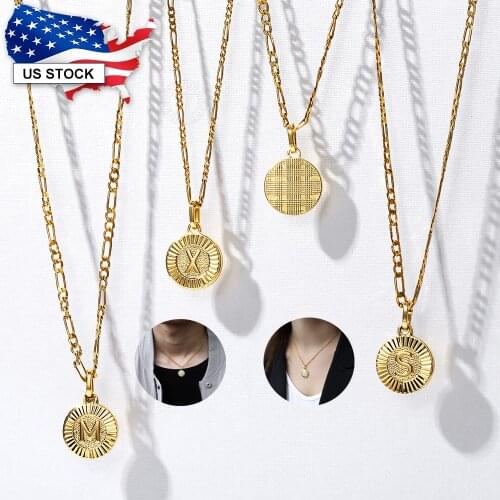 Womens Gold Color Round Pendant Necklace Stainless Steel Necklace Figaro Link Chain Letter Necklace for Women New LGP418FA