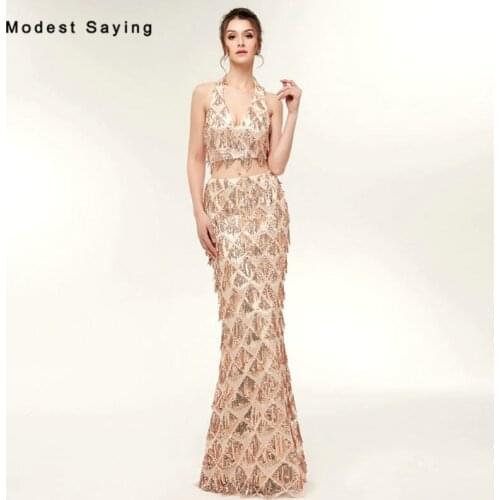 Elegant Champagne Gold Mermaid Halter Sequined Tassel 2 Pieces Evening Dresses 2018 Crop Top Long Party Prom Gowns robe longue