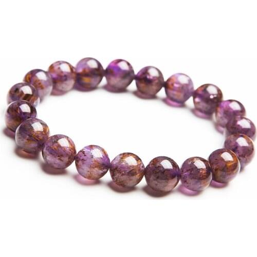 10mm Free Shipping Valentines Day Gift 2018 Genuine Natural Purple Titanium Rutilated Quartz Crystal Round Beads Bracelets