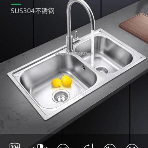 304 Stainless Steel Sink Double Tank Thick Kitchen Sink Under Counter Basin Sink With Faucet Set