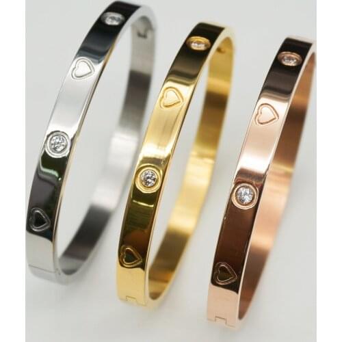 6MM Classic Heart Cuff Bangles Stainless Steel Rhinestone Bracelets Fashion Charm Anniversary Jewelry Gift