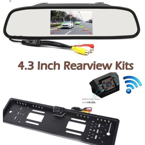 Wireless Parking Car 4.3 Inch car rear view mirror monitor +EU Europe Car License Plate Reversing Camera CCD Waterproof 4-IR KIT