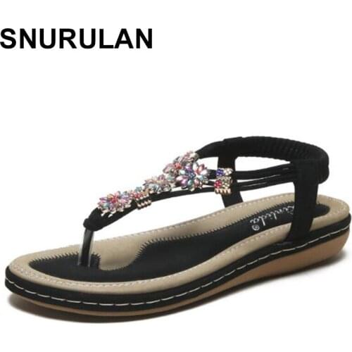 SNURULAN2020 flat sandals women summer rhinestones women sandals beach shoes big size 35-42 woman shoes white black thongs