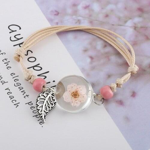 Glass Ball Dried Dandelion Bracelets Ceramic Hand-made Dried Flower Charm Bracelets Girls Gifts Natural Flower Weave jewelry