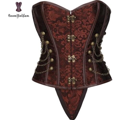 Black Brown Steampunk Clothing Womens Spiral Steel Boned Steampunk Gothic Bustier Corset With Chains