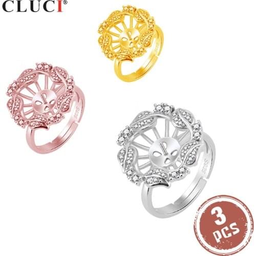 CLUCI 3pcs 925 Sterling Silver Adjustable Women Rings Pearl Ring Mounting Jewelry Silver 925 Open Zircon Flower Rings SR2093SB