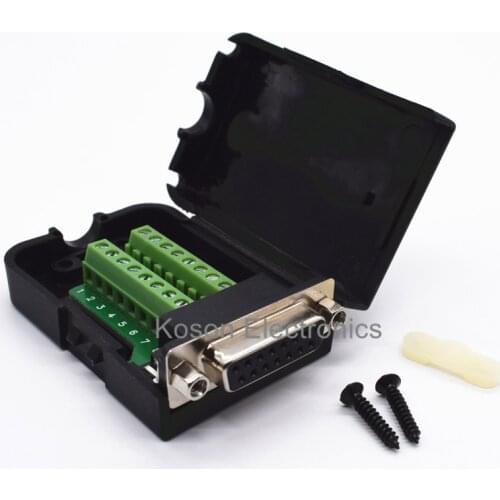 DB15 Connectors D-SUB Female 2 Row 15 Pin Plug Breakout Terminals Board Connector Nut Type With Black Plastic Cover