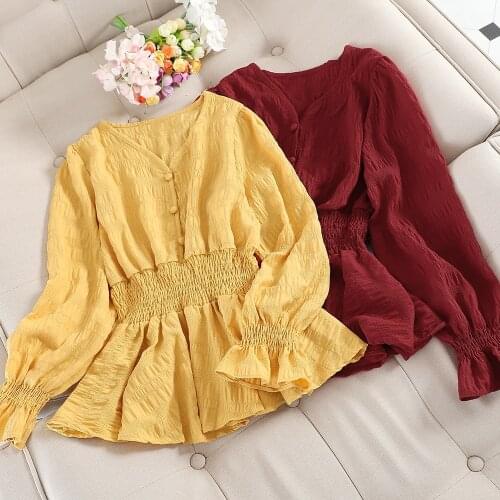 Elegant 2019 Women Autumn Flare Sleeve V-neck Basic Ruffles Shirt Vintage Elastic Slim Sexy Chiffon Pullover Button Blouse Tops