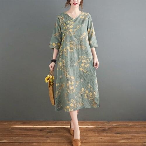 Ethnic five-point sleeve retro literary cotton linen dress spring 2021 new womens ramie improved cheongsam printing dress s609