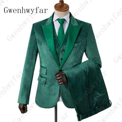 Gwenhwyfar Green Velvet Peak Lapel Groomsmen Tuxedos Men Wedding Dress Best Man Blazer Prom Dinner 3 Pcs Suits(Jacket+Pant+Vest)