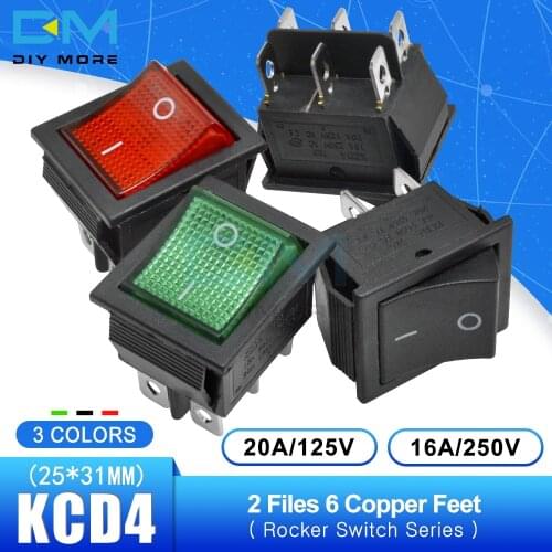 KCD4 Rocker Switch Power Touch On/off Switch 2 Positions 6Pins Feets Ship Type 16A 250V 25*31mm with light Red Black Green